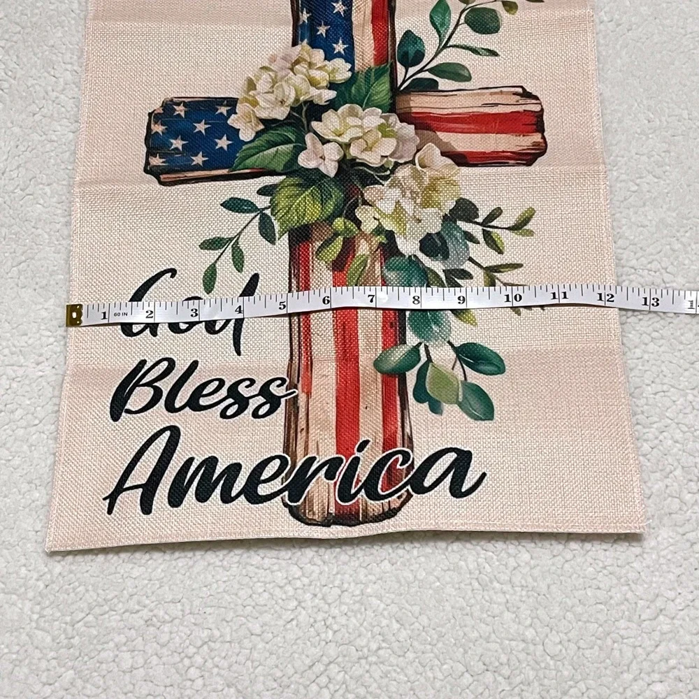 God Bless America Patriotic Garden Flag American Flag Cross Burlap 12x18